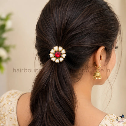 Floral Kundan Hair Tie with Red Stone & Pearl Petals