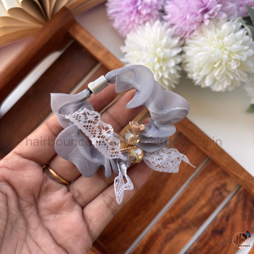 Luxury Lace Bow Scrunchie – Soft Chiffon Hair Tie with Crystal Charm