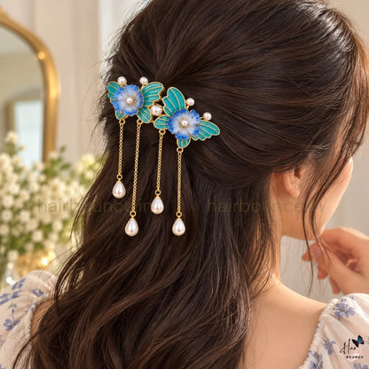 Butterfly Blossom Floral Hair Clips with Pearl Hangings