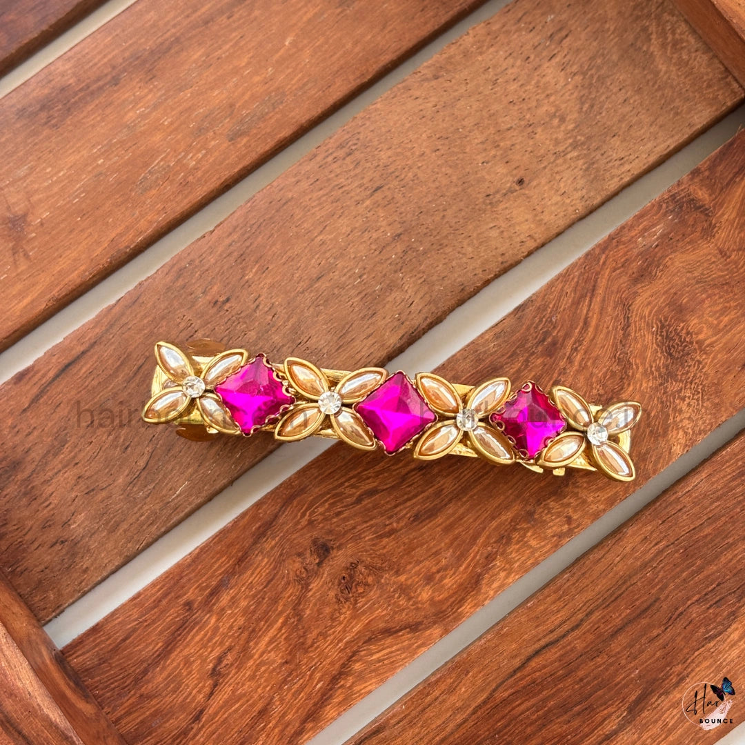 Rose Pink Floral Crystal Center Hair Clip