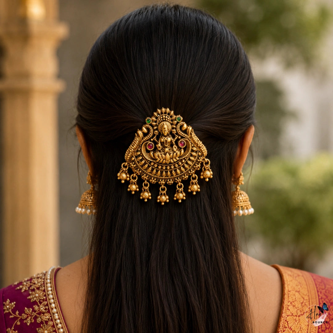 Lakshmi Peacock Antique Jada Billa with Gold Bead Hangings