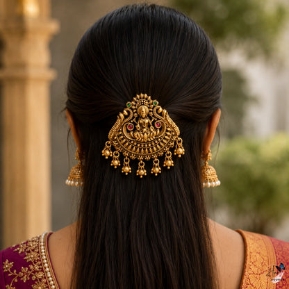 Lakshmi Peacock Antique Jada Billa with Gold Bead Hangings