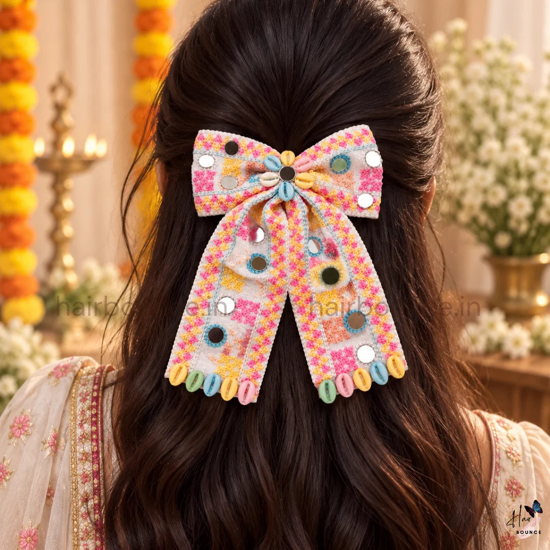 Navaratri Multicolour Mirror Work Hair Bow with Cowrie Shells