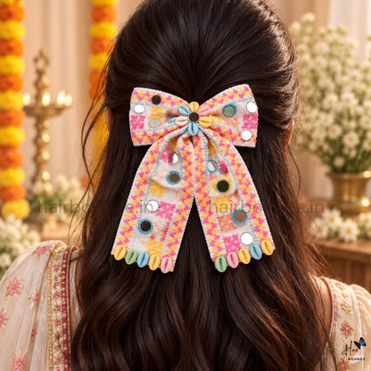 Navaratri Multicolour Mirror Work Hair Bow with Cowrie Shells
