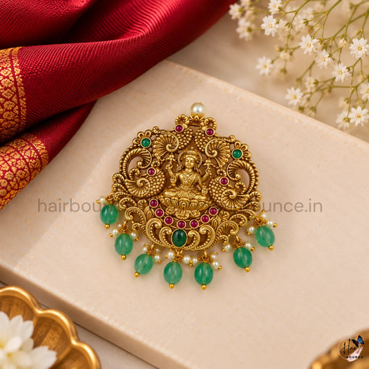 Goddess Lakshmi Peacock Temple Hair Brooch with Green Bead Hangings
