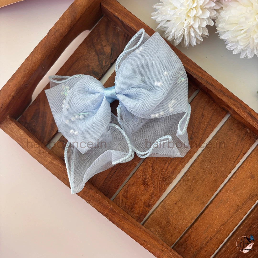 Pearl Sheer Organza Bow Hair Clip – Elegant Net Ribbon