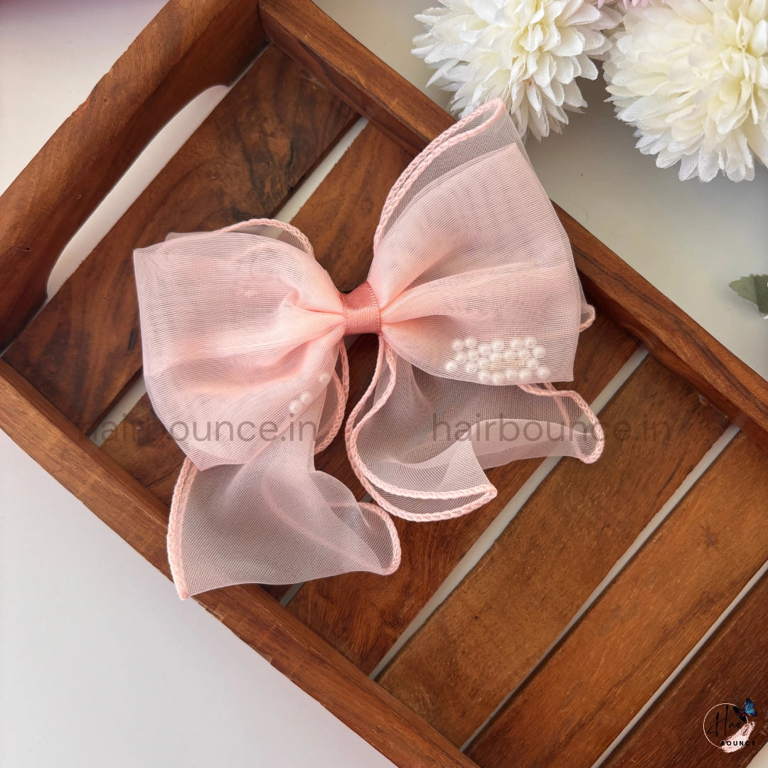 Pearl Sheer Organza Bow Hair Clip – Elegant Net Ribbon