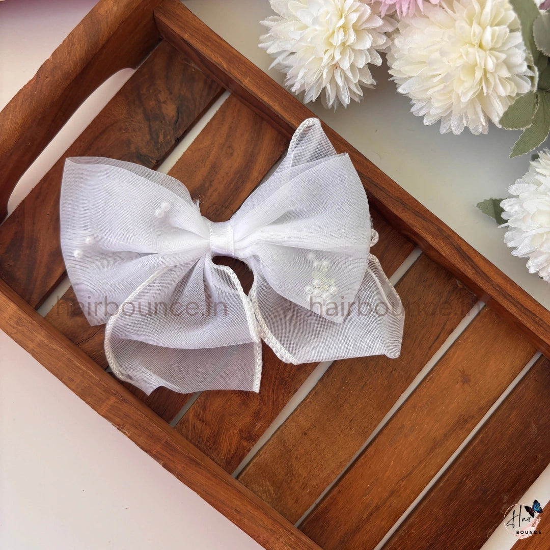 Pearl Sheer Organza Bow Hair Clip – Elegant Net Ribbon