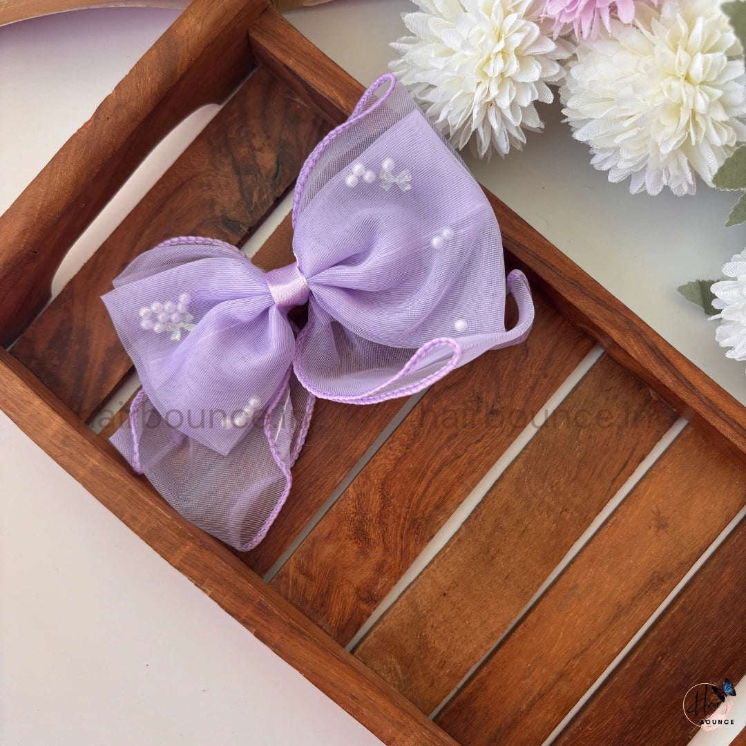 Pearl Sheer Organza Bow Hair Clip – Elegant Net Ribbon