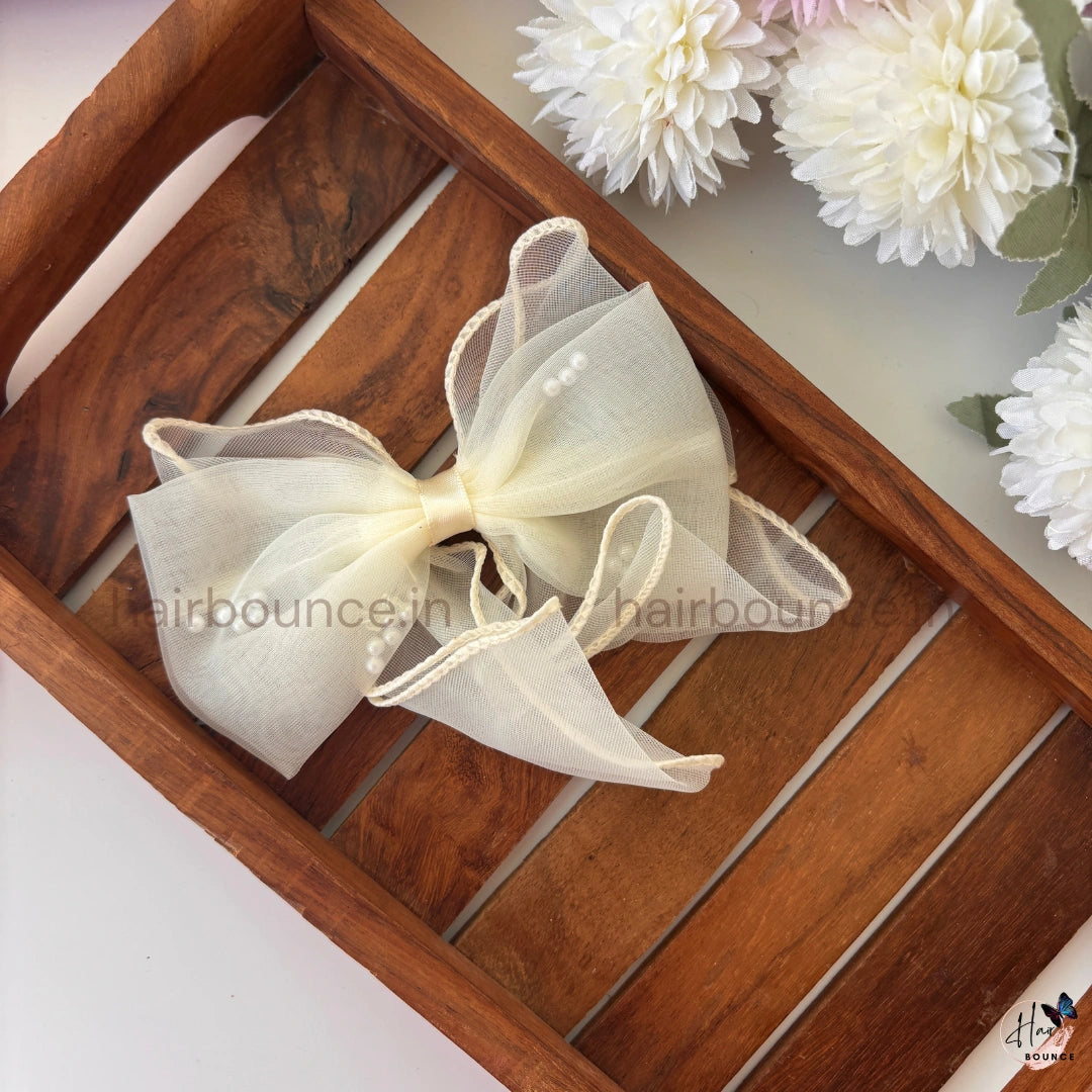 Pearl Sheer Organza Bow Hair Clip – Elegant Net Ribbon