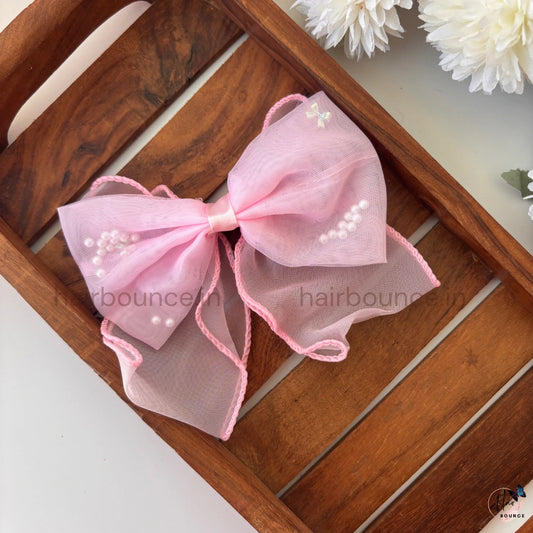 Pearl Sheer Organza Bow Hair Clip – Elegant Net Ribbon