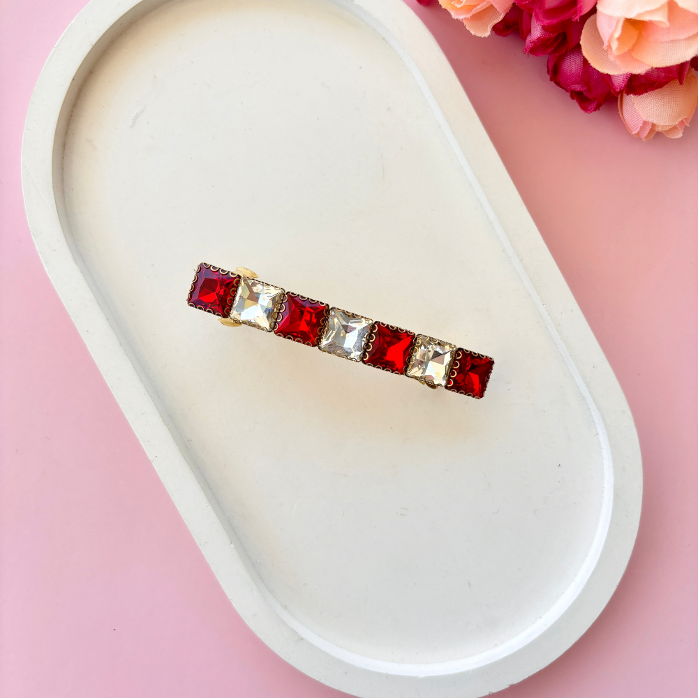 Square Crystal Hair Clip - Red White