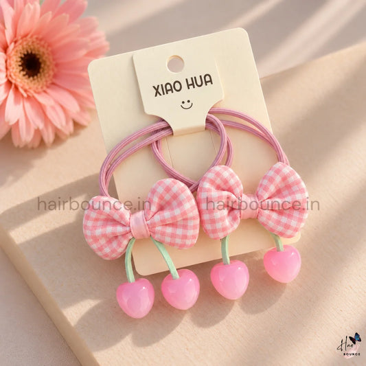 Pink Gingham Cherry Bow Hair Rubber Bands – Pack of 2