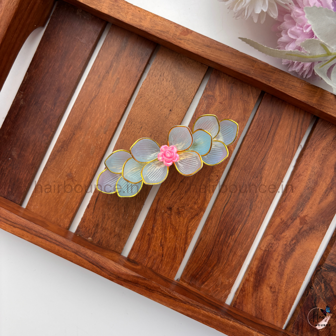 Blush Petal Bloom Center Hair Clip – Iridescent Blue & Pink Rose