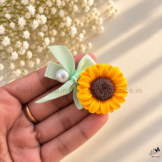 Sunshine Sunflower Hair Clip with Pearl & Ribbon Bow – Yellow