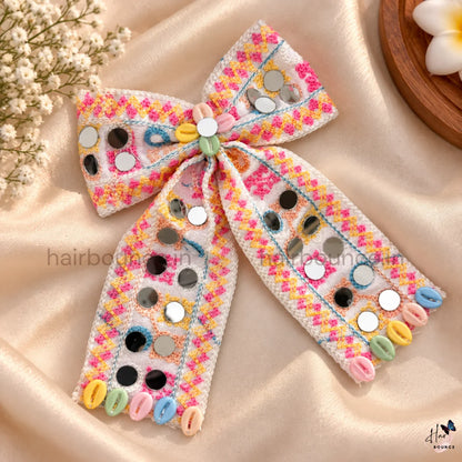 Navaratri Mirror Work Embroidered Hair Bow with Cowrie Shells