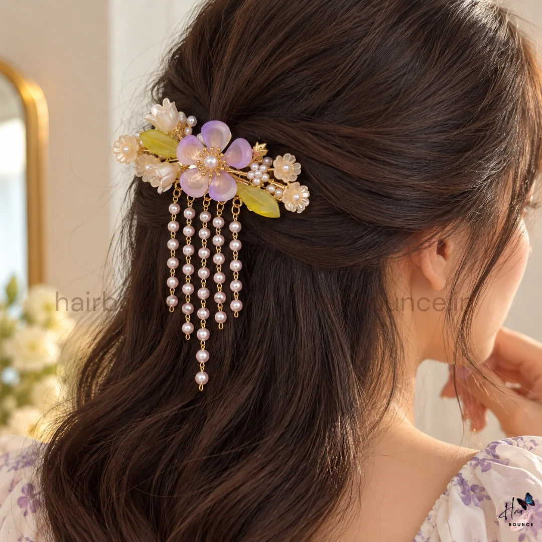 Enchanted Bloom Floral Hair Clip with Pearl Hangings
