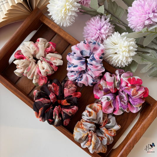 Organza Floral Charm Scrunchie Set – Pack of 5