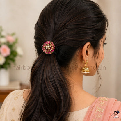 Pink Kundan Floral Designer Hair Tie with Pearl