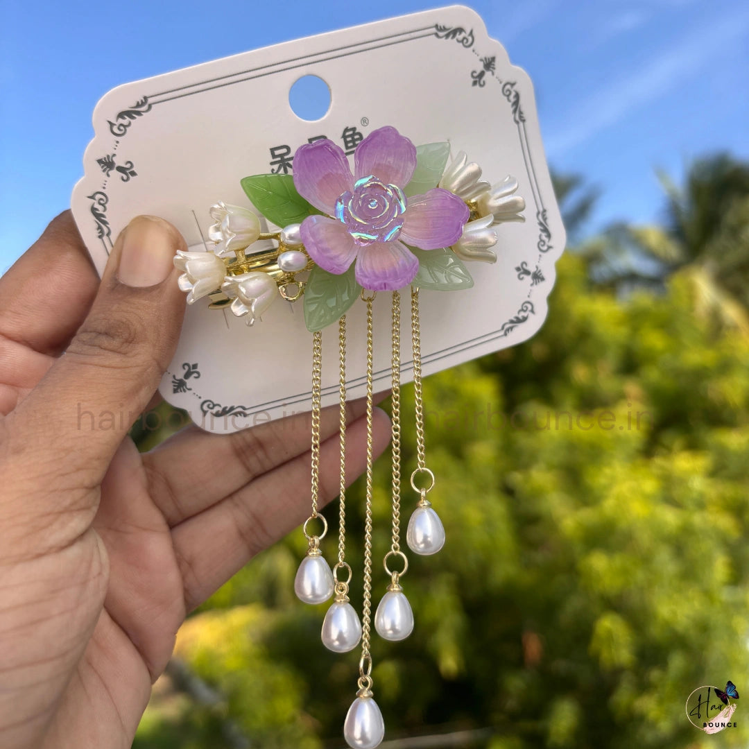 Crystal Rose Petal Pearl Tassel Hair Clip with Dangling Chains