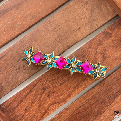 Rose Pink & Blue Floral Crystal Center Hair Clip