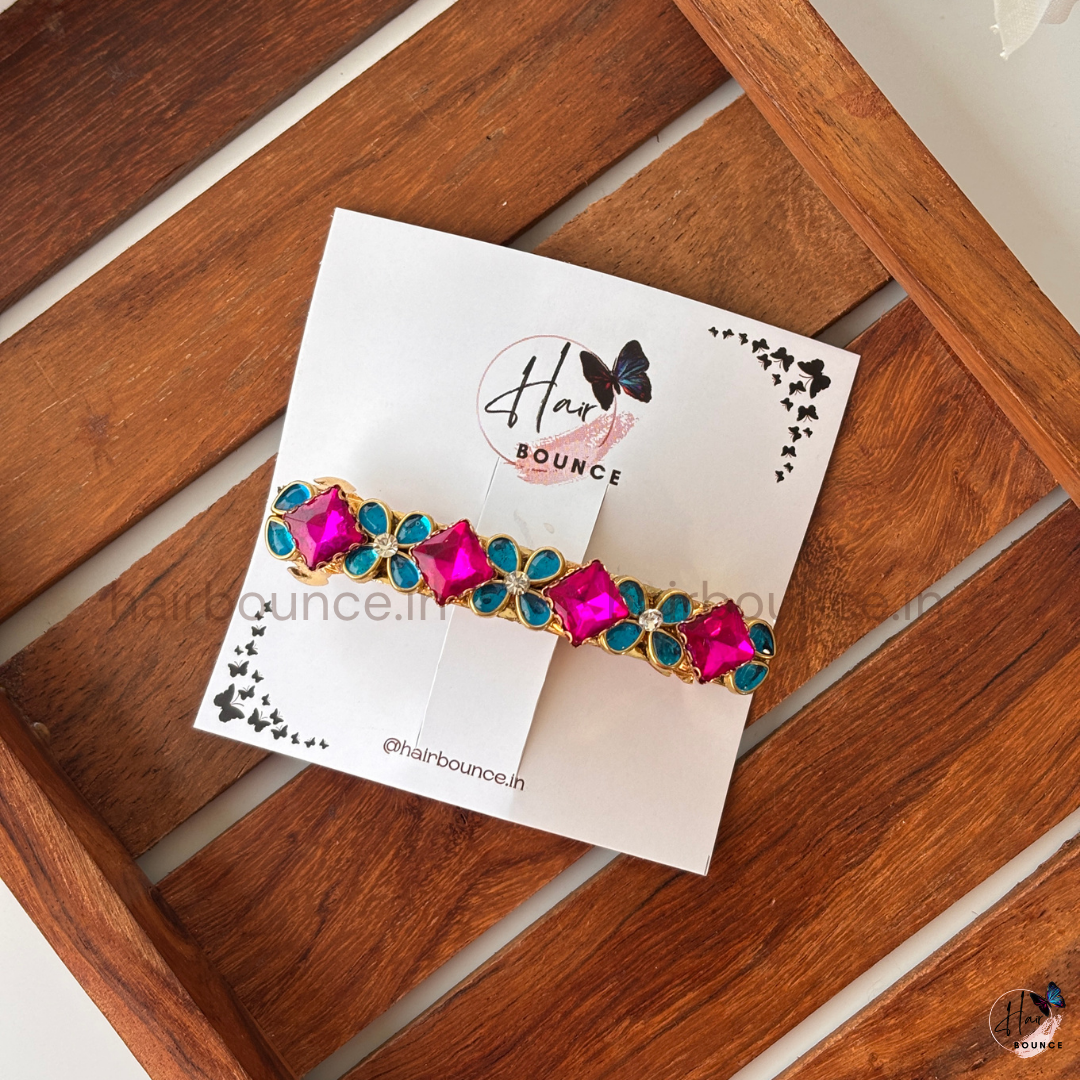 Ruby Pink & Teal Kundan Floral Center Hair Clip