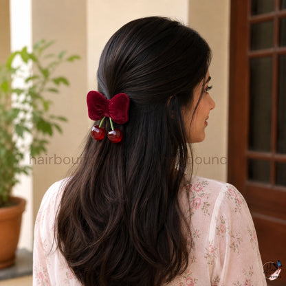 Velvet Cherry Bow Hair Tie - Maroon
