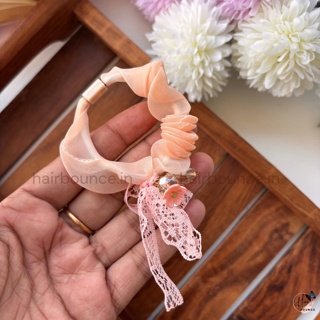 Luxury Lace Bow Scrunchie – Soft Chiffon Hair Tie with Crystal Charm