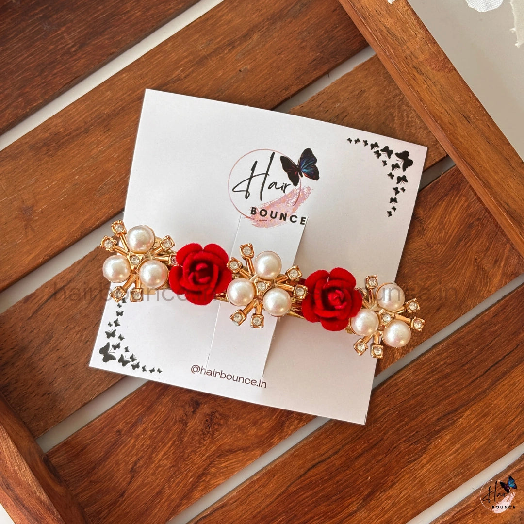 Red Rose Pearl Floral Center Hair Clip