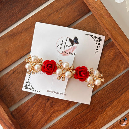 Red Rose Pearl Floral Center Hair Clip
