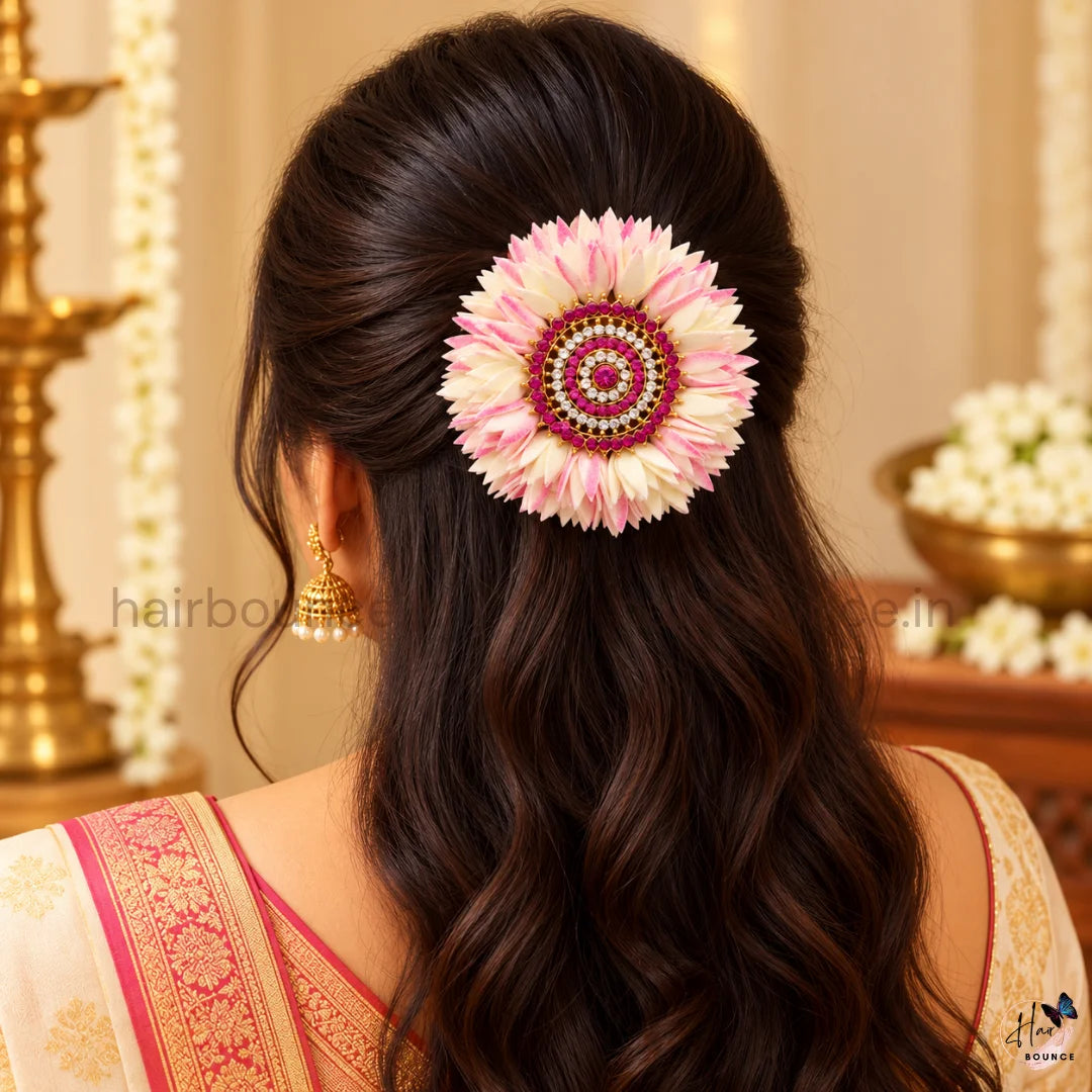 Traditional Pitchi & Jaathi Poo Kemp Stone Floral Center Hair Clip
