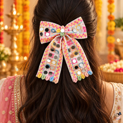 Navaratri Mirror Work Embroidered Hair Bow with Cowrie Shells