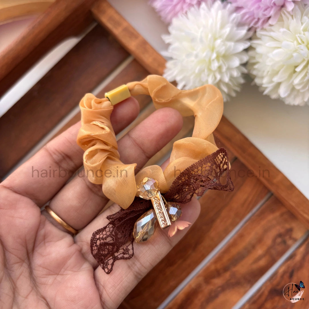 Luxury Lace Bow Scrunchie – Soft Chiffon Hair Tie with Crystal Charm