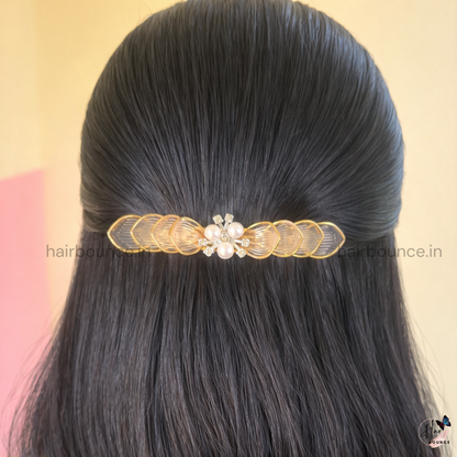 Gold-Edge Floral Pearl Barrette Hair Clip