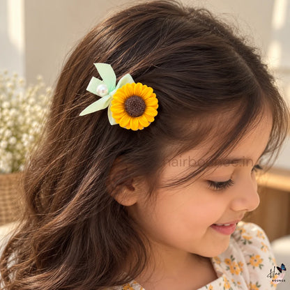 Sunshine Sunflower Hair Clip with Pearl & Ribbon Bow – Yellow