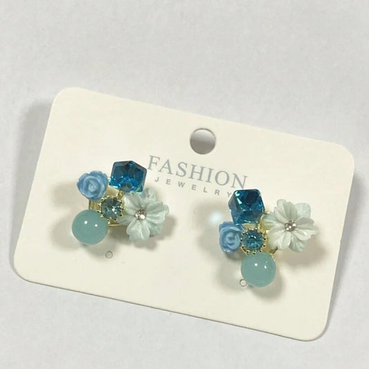 Blue Floral Crystal Stud Earrings for Women