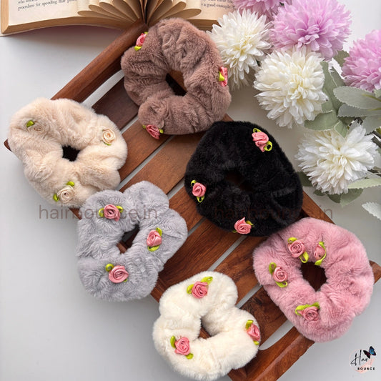 Fur Floral Scrunchie – Soft Plush Hair Tie with Rose Detail
