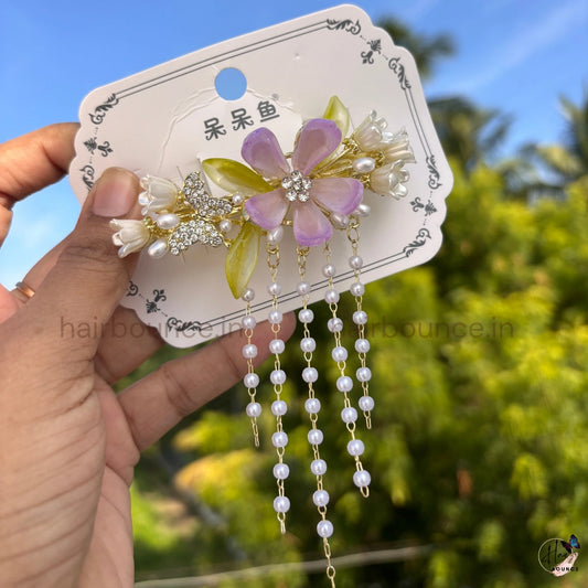 Crystal Butterfly Blossom Pearl Tassel Hair Clip with Dangling Chains