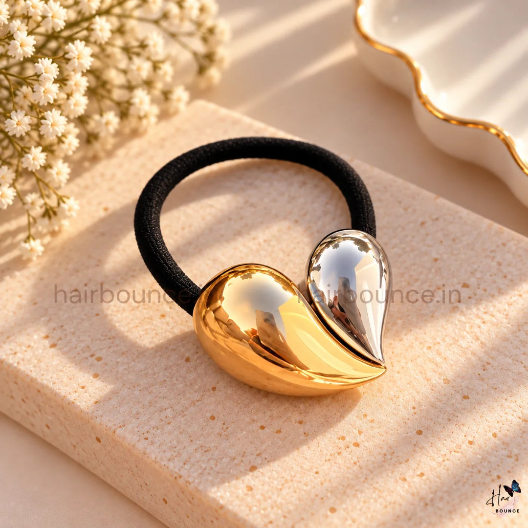 Elegant Dual Tone Heart Metal Ponytail Holder – Gold & Silver