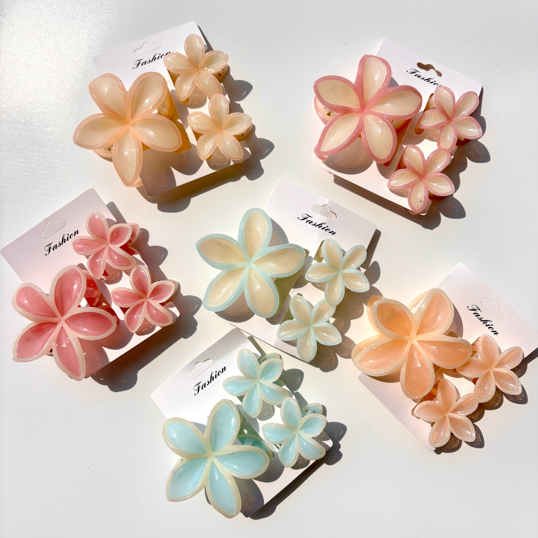 Glossy Plumeria Flower Hair Claw – Set of 3 (1 Large + 2 Small)