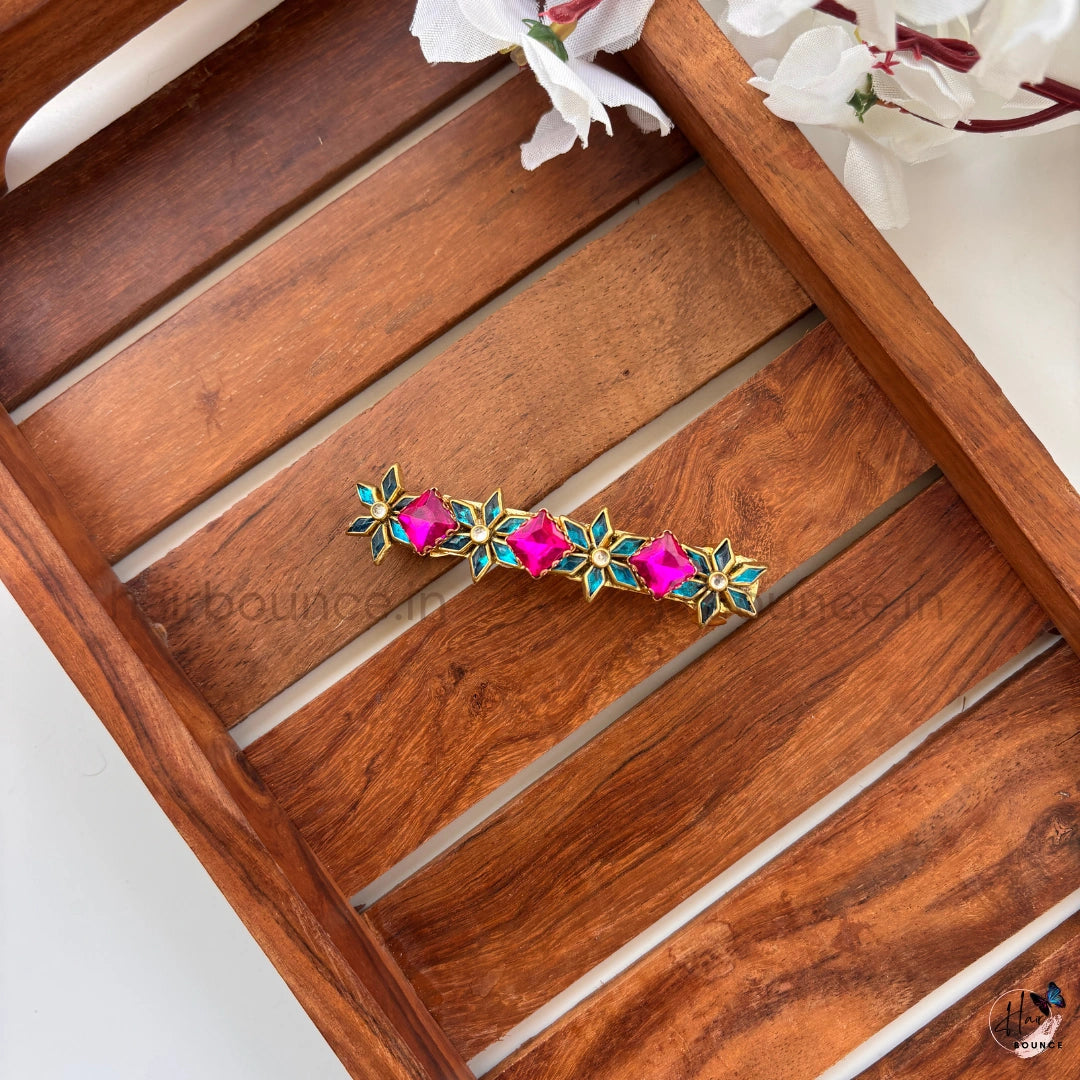 Rose Pink & Blue Floral Crystal Center Hair Clip
