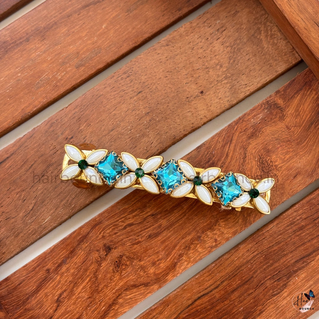Sky Blue Floral Crystal Center Hair Clip