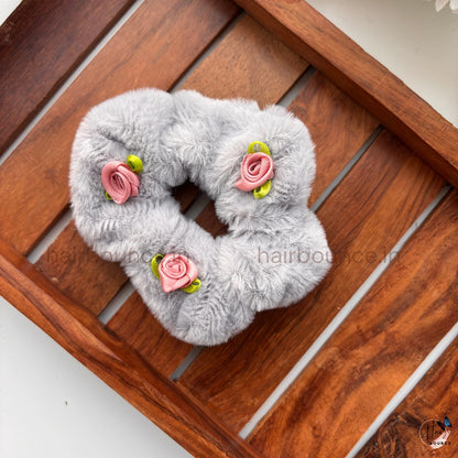 Fur Floral Scrunchie – Soft Plush Hair Tie with Rose Detail