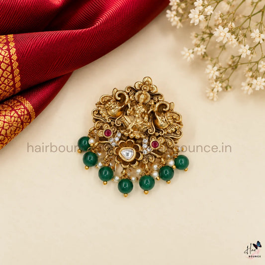 Premium Goddess Lakshmi Peacock Temple Hair Brooch with Kundan & Bead Hangings