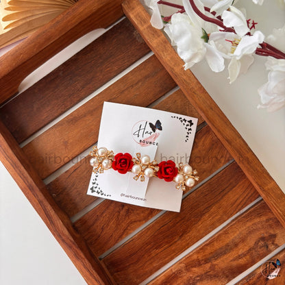 Red Rose Pearl Floral Center Hair Clip