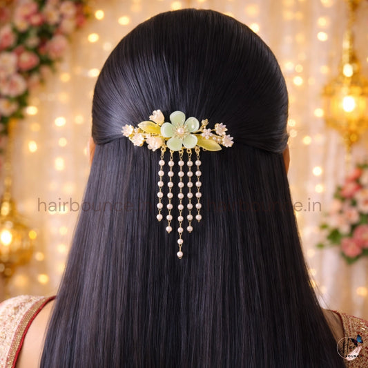 Celestial Bloom Pearl Drop Hair Barrette – Luxury Floral Hanging Clip