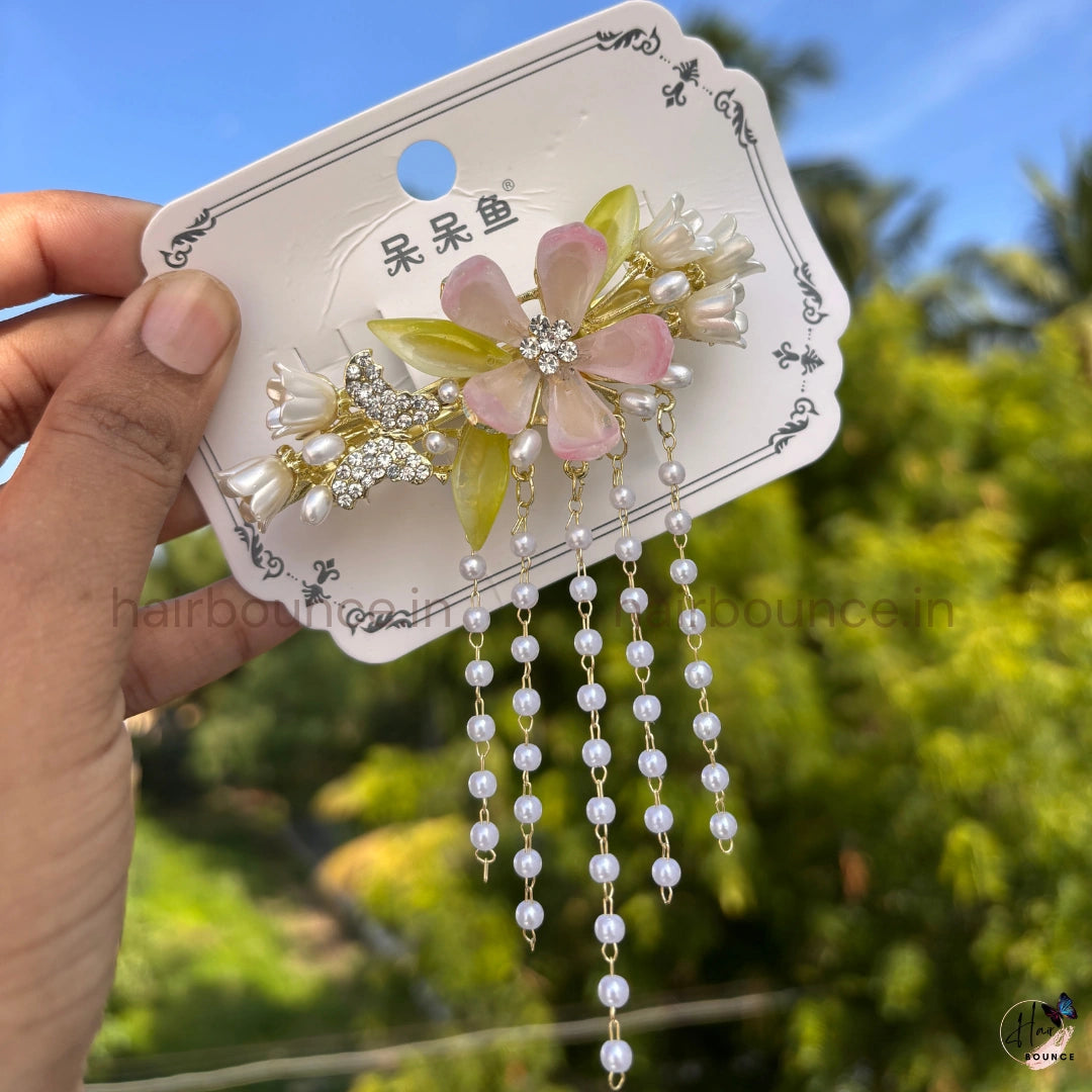 Crystal Butterfly Blossom Pearl Tassel Hair Clip with Dangling Chains