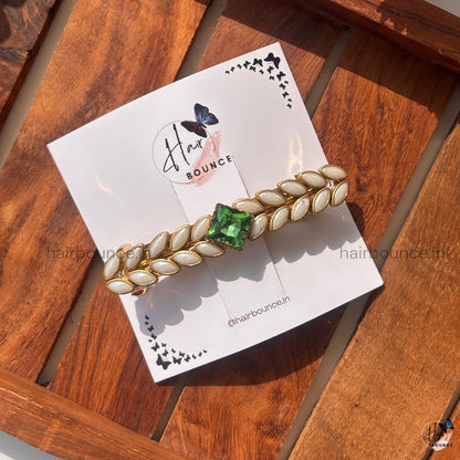 Emerald Pearl Leaf Barrette Hair Clip