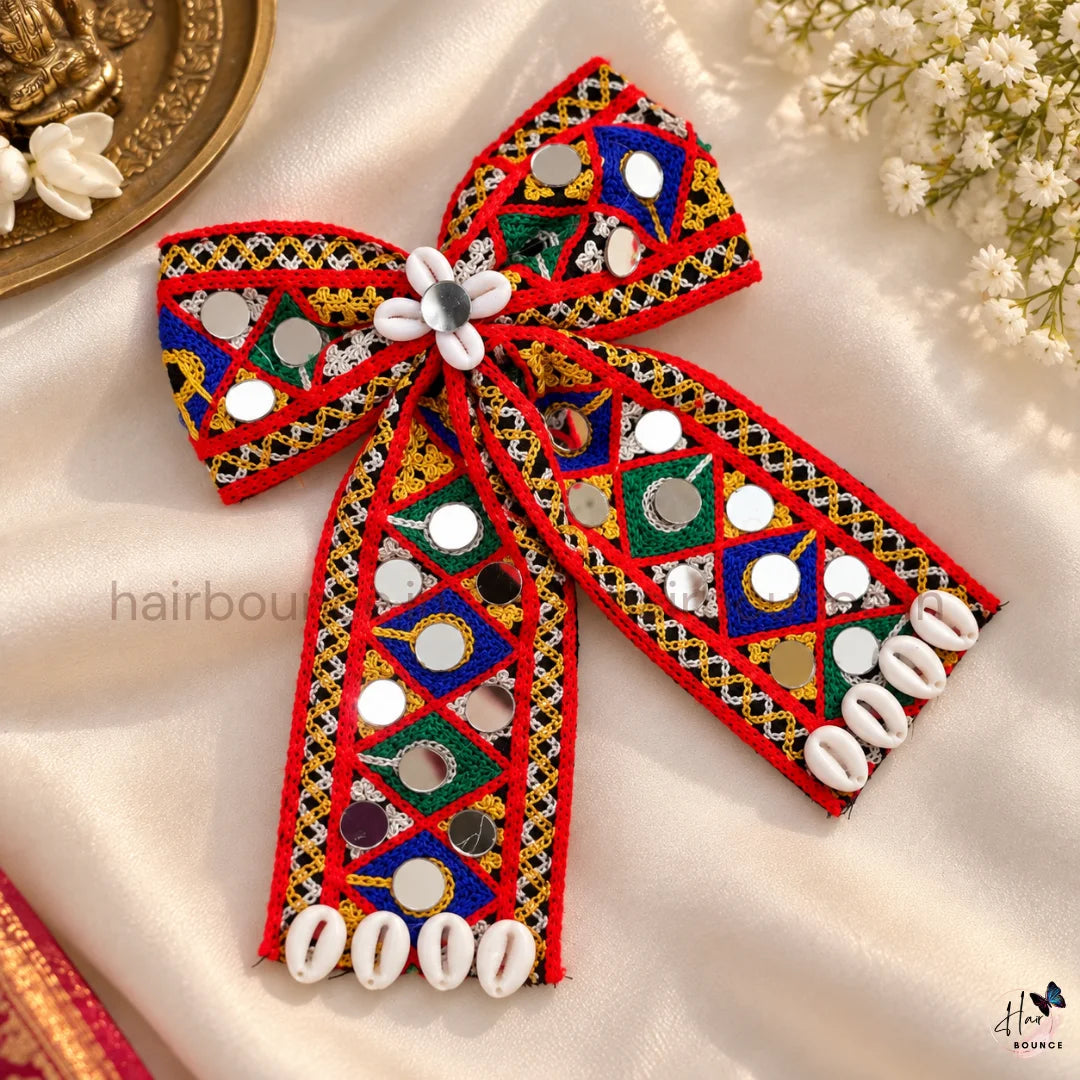 Navaratri Black Mirror Work Embroidered Hair Bow with Cowrie Shells