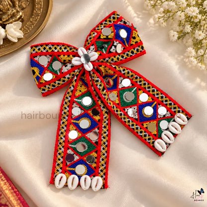 Navaratri Black Mirror Work Embroidered Hair Bow with Cowrie Shells